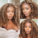 GS Virgin Hair 13x4 180 Density  Honey Blonde Money Piece Highlight Lace Front Curly Human Hair Wigs Cabello  Series