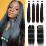 GS Virgin Hair Straight Hair 4 Bundles with 4X4 HD Lace Closure Middle Part ,Natural Black 100% Virgin Hair
