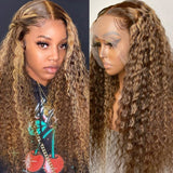 GS Virgin Hair 13x4 180 Density  Honey Blonde Money Piece Highlight Lace Front Curly Human Hair Wigs Cabello  Series