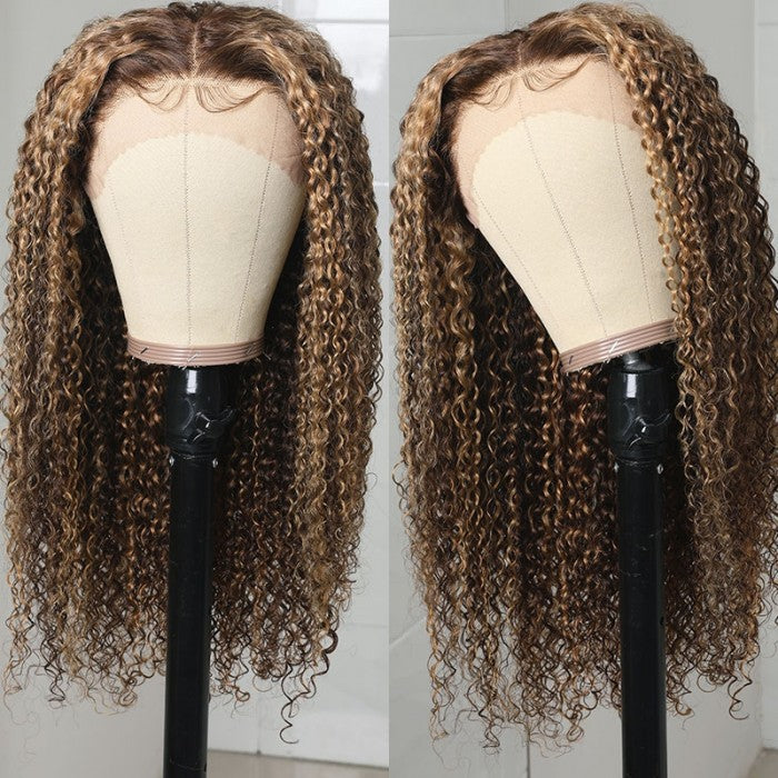 GS Virgin Hair 13x4 180 Density  Honey Blonde Money Piece Highlight Lace Front Curly Human Hair Wigs Cabello  Series
