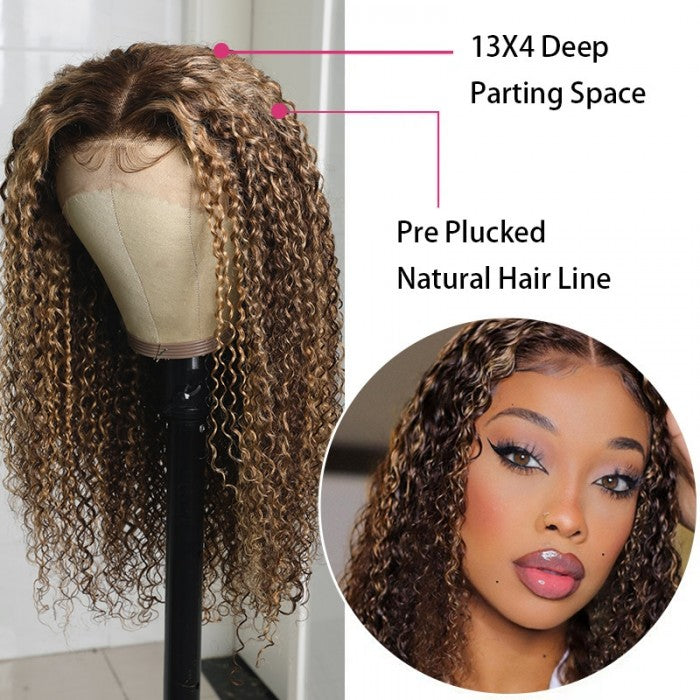 GS Virgin Hair 13x4 180 Density  Honey Blonde Money Piece Highlight Lace Front Curly Human Hair Wigs Cabello  Series