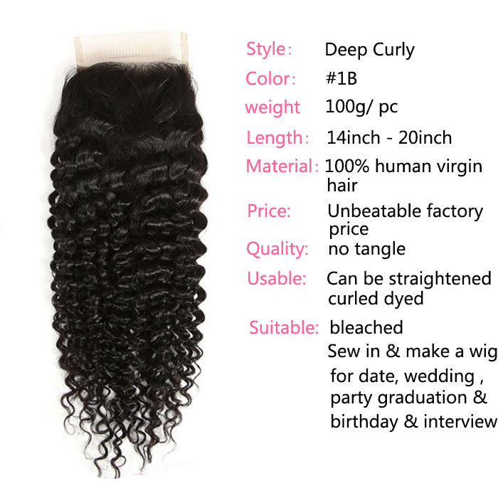 GS Virgin Hair Upgrade Lace Closure Deep Curly 4*4 Middle Part Top Lace Closure Natural Black Color Cabello Series