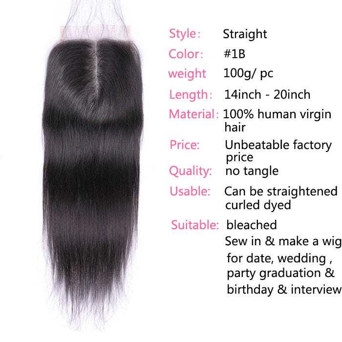 GS Virgin Hair Straight Hair 4 Bundles with 4X4 HD Lace Closure Middle Part ,Natural Black 100% Virgin Hair