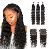 GS Virgin Hair Free Part HD Lace Closure 5x5 With 3 Bundles Deep Wave