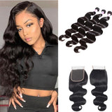 GS Virgin Hair 3 Bundles Brazilian With Closure Middle Part 100% Virgin Remy Human Hair middle Part 5x5 Lace Closure Natural Black Color Body Wave  hair