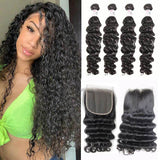 GS Virgin Hair Deep Wave 4 Bundles with 4x4 Free Part HD Lace Closure Natural Black