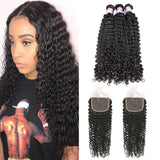 GS Virgin Hair Transparent Deep Curly Human Hair 3 Bundles With Lace Closure Virgin Hair Curly Bundles  Natural Black  Cabello Series